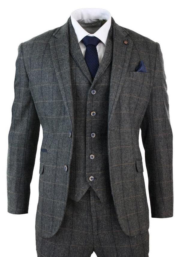 House of Cavani Mens 3 Piece Charcoal Grey Check Tweed Herringbone Vintage Classic Suit