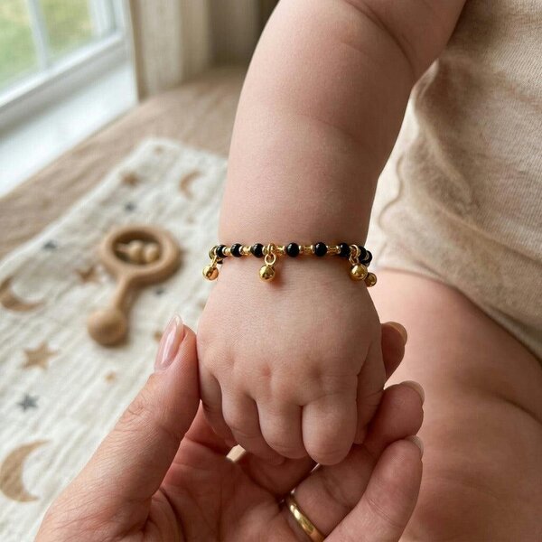 The Colourful Aura Gold Plated Black Bead Dangling Gold Ball Charm Kids Nazaria Bracelet