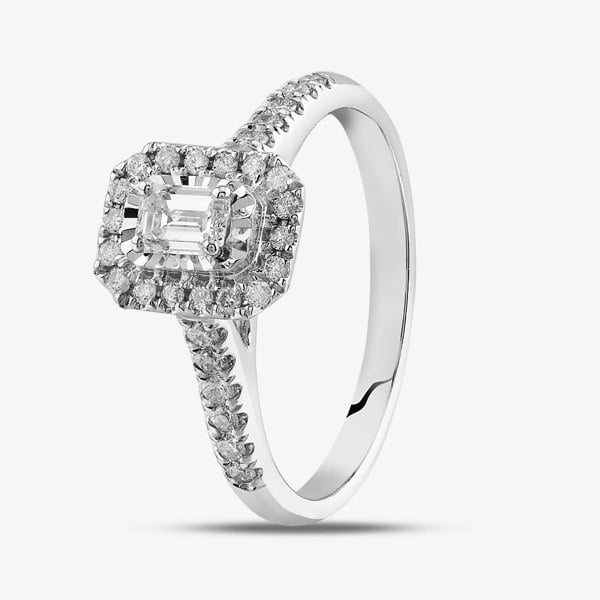 T. H. Baker 9ct White Gold 0.50ct Emerald Cut Diamond Cluster Shoulder Set Ring TH012591R