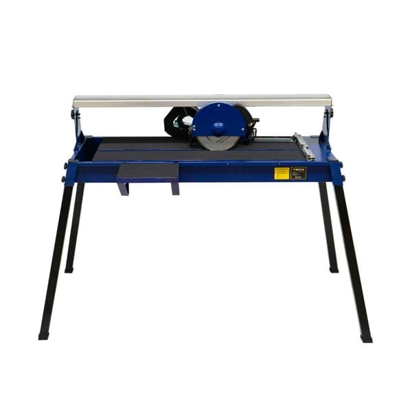 Wet tile cutter bench in blue and black, featuring a sturdy frame, 720mm cutting capacity, and a powerful 800W motor for precise tile cutting