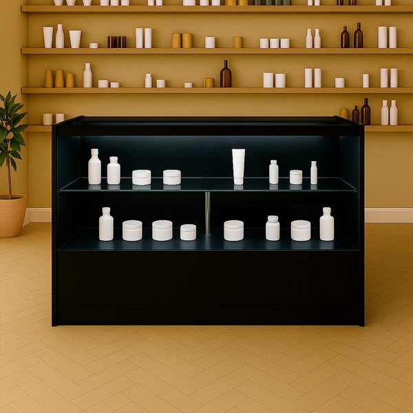 Sleek black LED retail shop counter C1500 with glass shelves displaying white cosmetic containers in a modern setting