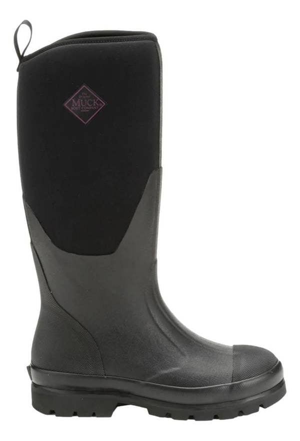 Muck Boots MUCK Chore Classic Tall Womens Stable Farm Wellington Wellies Boots, black waterproof tall rubber work boot with cushioned insole and slip-resistant sole.