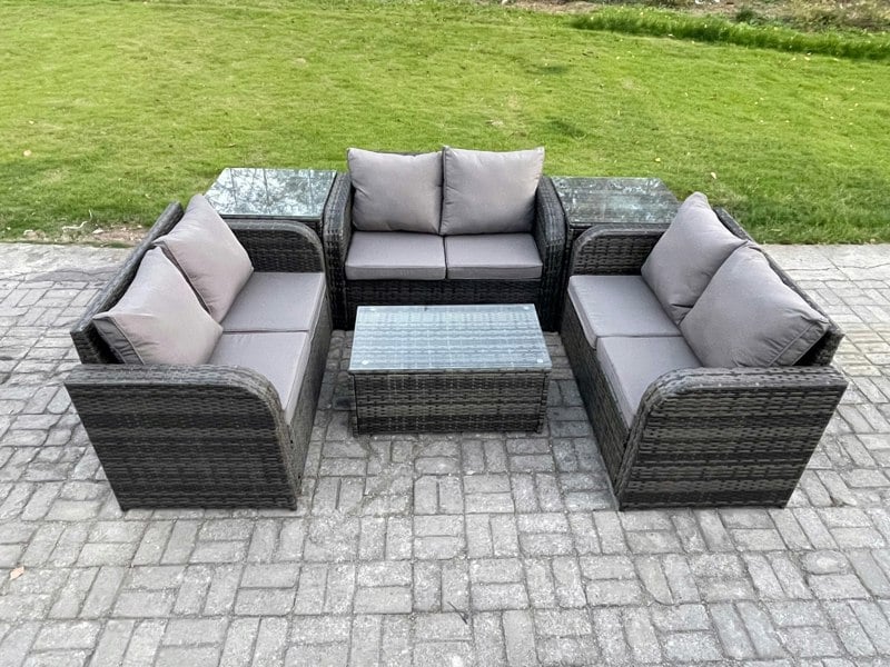 Fimous Outdoor Garden Furniture Sets 6 Seater Wicker Rattan Furniture Sofa Sets with Rectangular Coffee Table Love Sofa 2 Side Tables Dark Grey Mixed