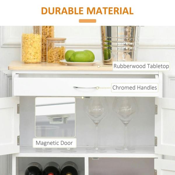 White kitchen trolley with rubberwood tabletop, chrome handles, and magnetic door