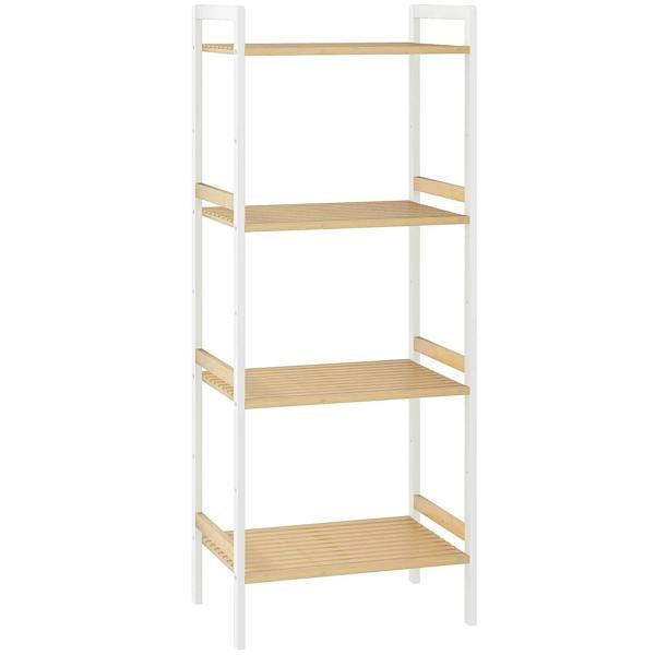 Four-tier bamboo adjustable shelf unit with white frame and wooden slatted tiers