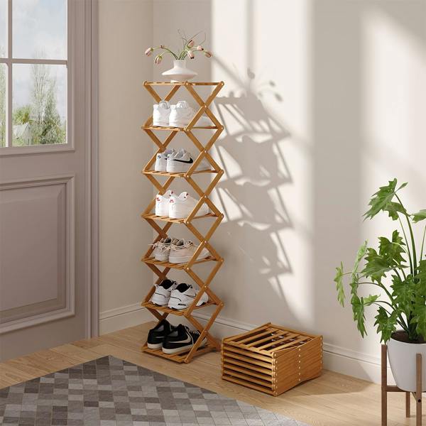 Living and Home 7 Tier Bamboo Folding Shoe Rack Shoe Storage Organiser - Light Oak