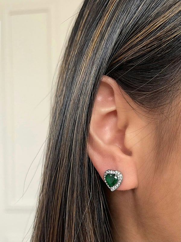 SVNX Green Diamante Heart Necklace and Earrings Set in Silver Colour