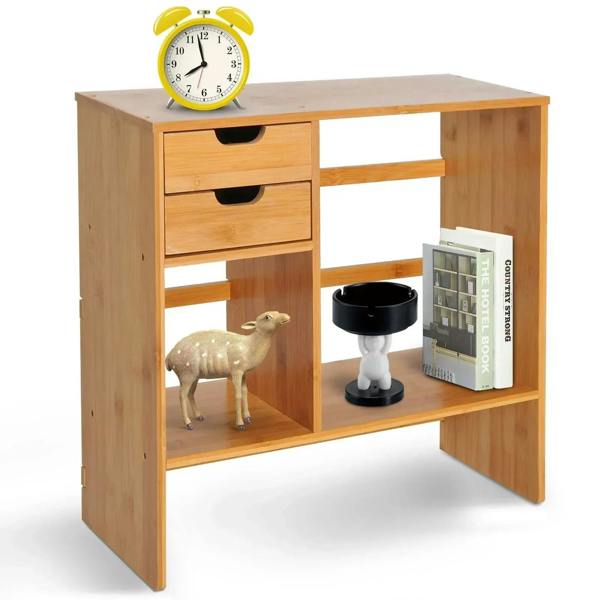 Bamboo desk organizer with open shelf space and two drawer drawers