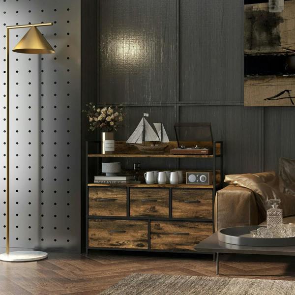 Rustic chest with open shelves and five fabric drawers, front view with dark metal frame