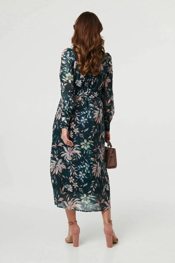 Green | Floral Lace Trim Belt Waist Maxi Dress