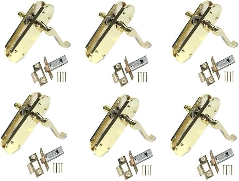 EDH Door Hardware Brass Plated Internal Door Handles - Door Handles Internal Sets, Brass Door Handle Set for Internal Doors - 6 PAIR OF HANDLES + TUBULAR LATCH