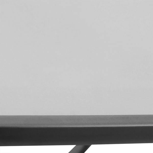 Close-up of black table edge with protected glass rim and smooth tabletop