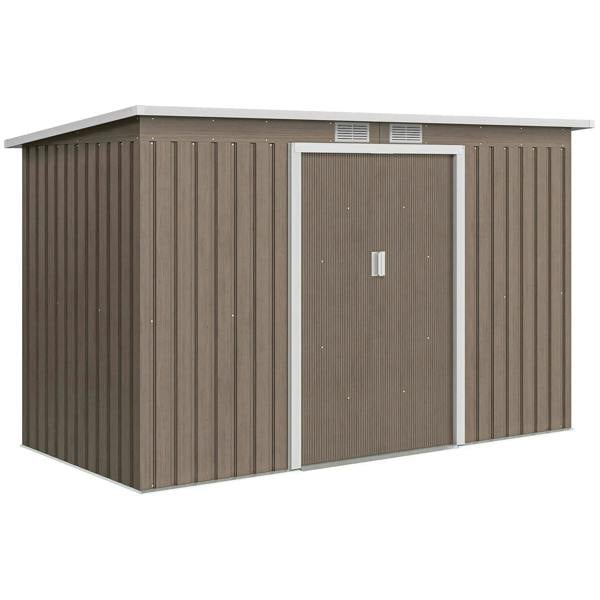 Brown metal storage shed with single door, side vents, and gable roof