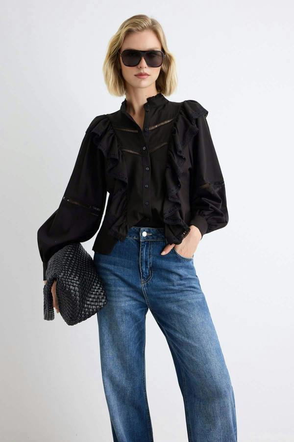 WOVCOR Ruffle Detail Boho Long Sleeve Shirt - Black