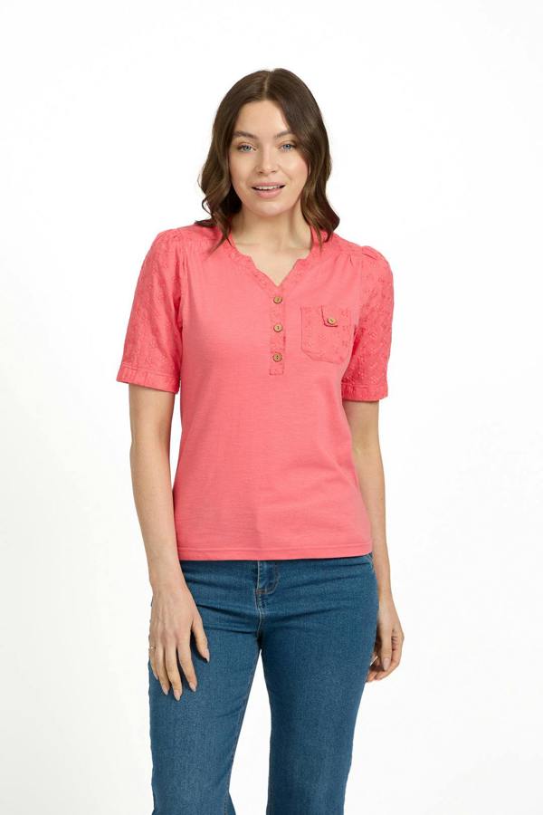 Mudflower V-Neck Button-Up Floral Embroidery Top
