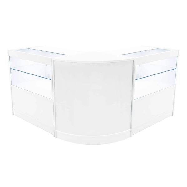 White Selene LED shop counter set with two glass display cases, featuring a sleek, modern design and illuminated shelves