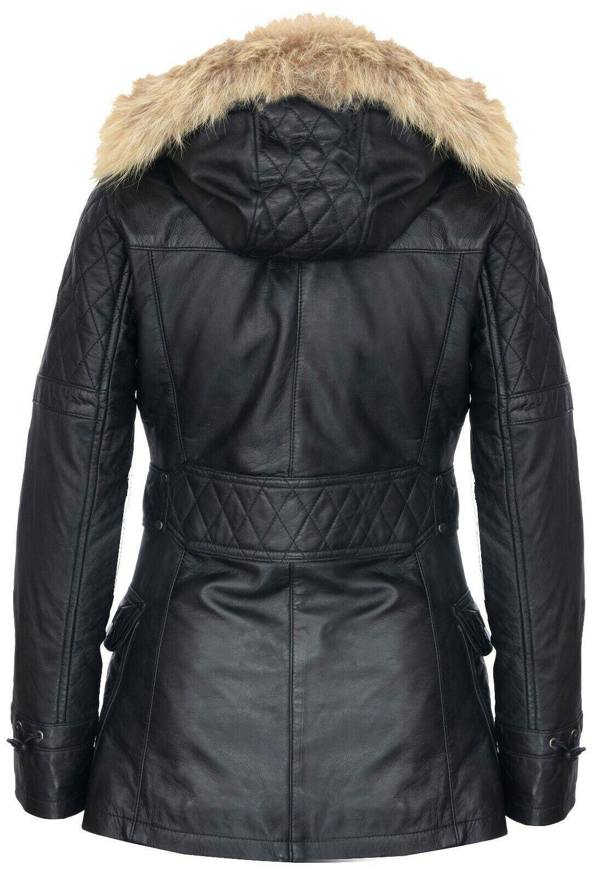 Womens Quilted Leather Hooded Parka Jacket-Northampton - Upperclass Fashions 
