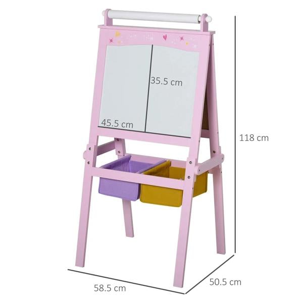 Pink wooden kids art easel with whiteboard panel, size diagram shown