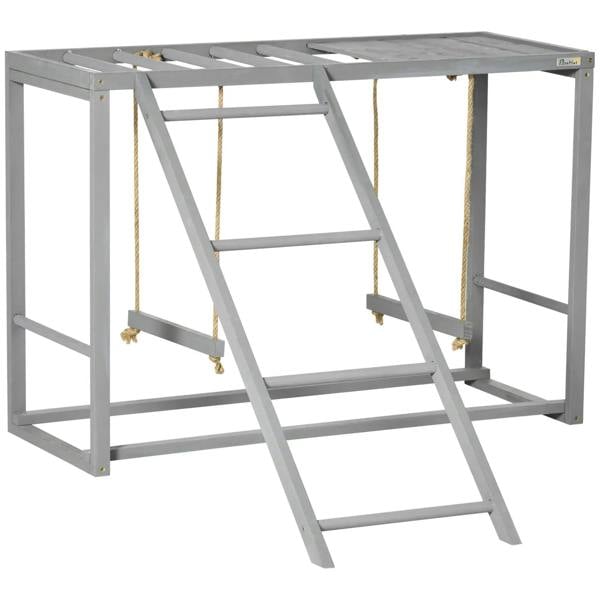 Grey wooden chicken activity play center with ladder and swing platform, open frame