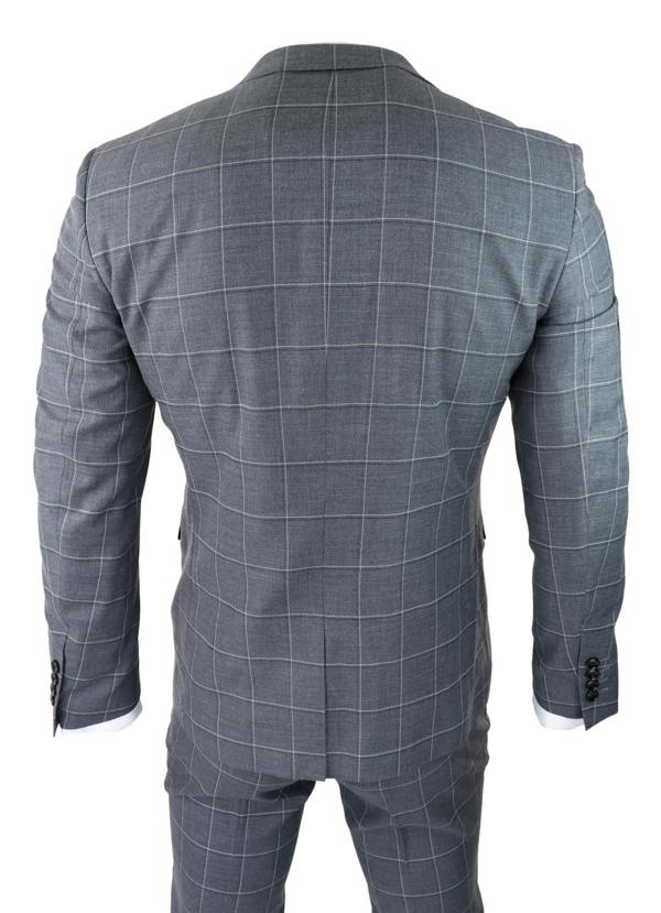 Paul Andrew Mens Grey Suit 3 Piece Check Vintage Retro Smart Wedding Classic Tailored Fit