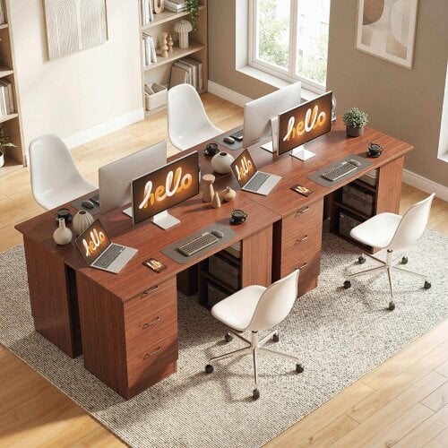 Wyld Haus Mimi 120cm Wooden Walnut Brown Home Office Desk With 3 Shelves And Drawer Storage