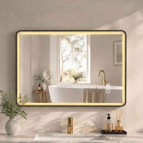 HOMCOM LED Bathroom Mirror, 100x70cm Rectangle Bathroom Mirror