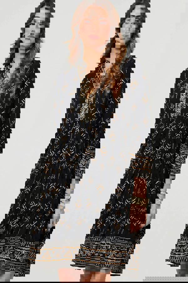 Black | Printed Metallic Trim Knee Length Dress