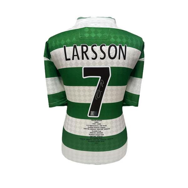 Unbranded Henrik Larsson Signed 1988 Celtic Retro Shirt with Career Stats