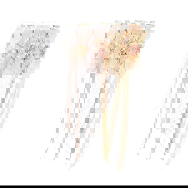 back view of row of fabric flower garlands with ribbon bow and trailing ribbons