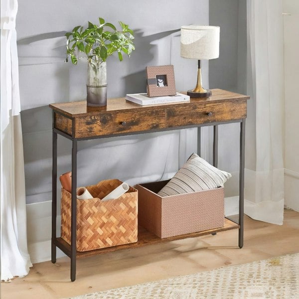 Rafaelo Mobilia 2 Tier Hallway Slim Console Table With 2 Drawers Rustic Brown