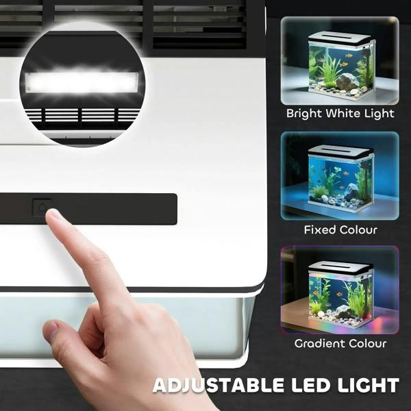 Glass aquarium with adjustable LED lighting options shown on the lid
