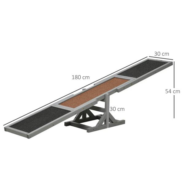 Grey wooden dog seesaw agility ramp with textured walking boards and central pivot frame.