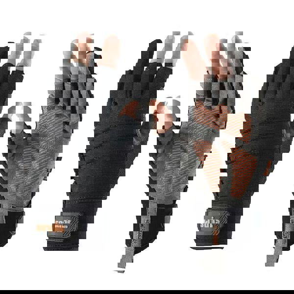 Scruffs Trade Precision Mens Work Padded Palm Gloves, black and gray protective work gloves with padded palms and finger protection for manual labor.