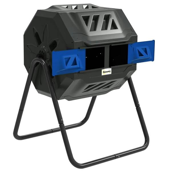 Blue dual-chamber rotating composter with side hatch and four support legs