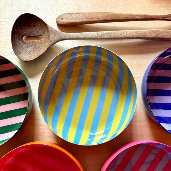Love Frankie Small Stripy Bowls - 5 Colours Available - Small Stripy Bowl in Soft Blue and Mustard