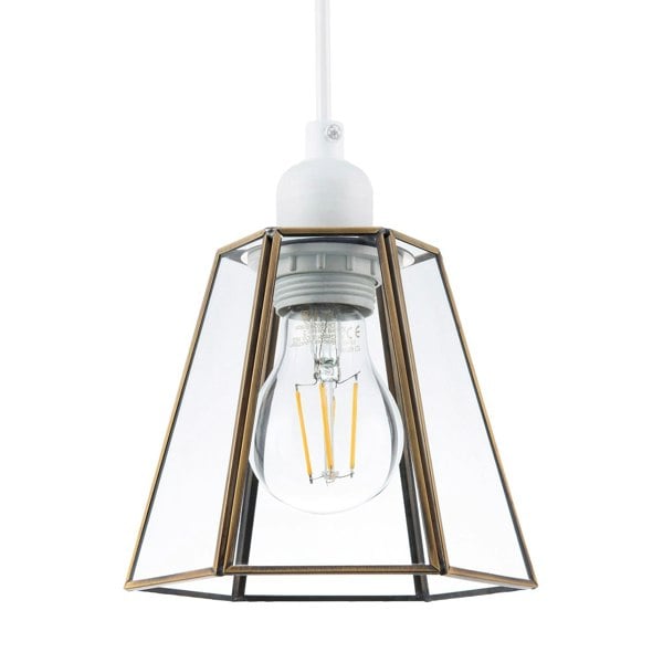 Industrial Lantern Pendant Shade in Antique Brass with Clear Glass Image 1