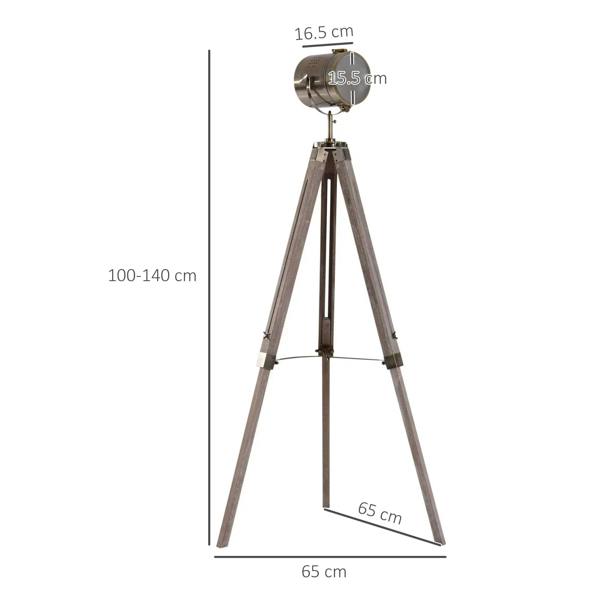 Industrial tripod floor lamp with adjustable searchlight head, grey wood legs, bronze base