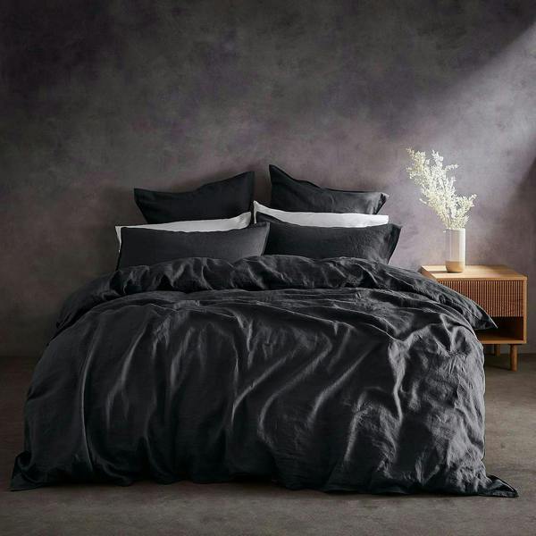 Lazy Linen Bedding Bundle - Duvet Cover, Pillowcase Pair + Fitted sheet - Charcoal