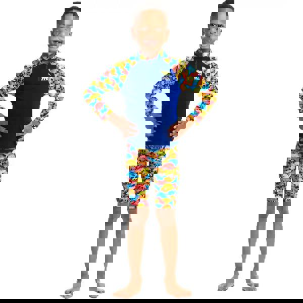 Funky Trunks toddler boys Swimmasaurus Zippy blue yellow dino rash vest