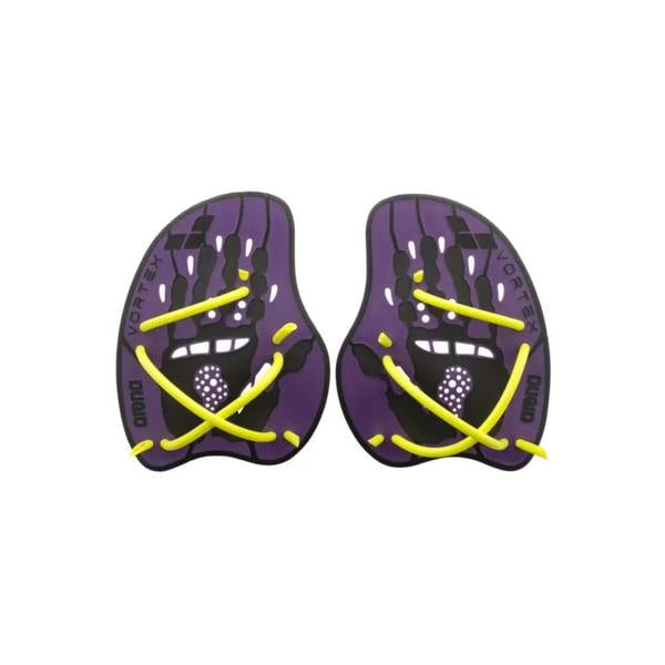 Arena Vortex Evolution plum lime hand paddles in purple yellow camo