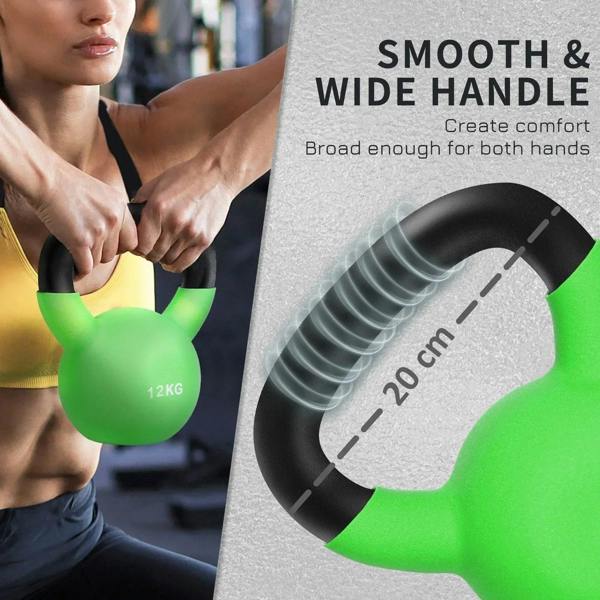 Green 12kg kettlebell with smooth wide handle; 20 cm handle length shown