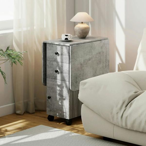 Grey drop-leaf dining table with marble-effect top, drawer cabinet, and caster wheels