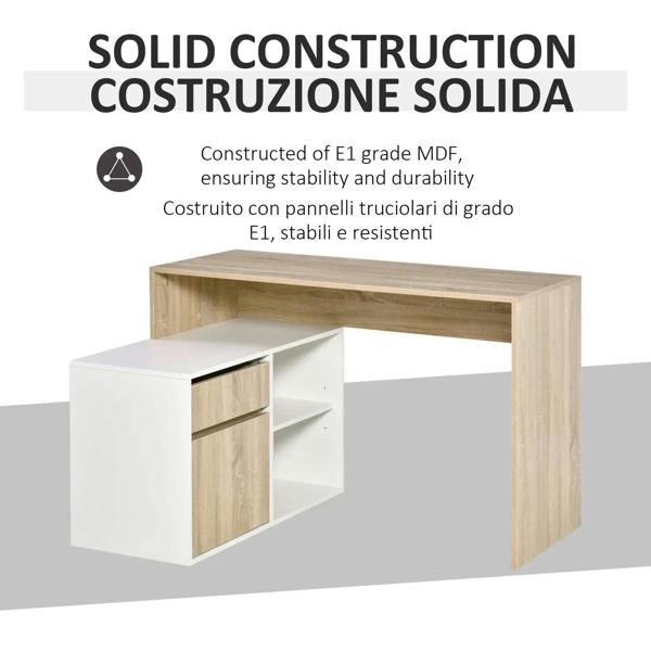 Corner desk with oak worktop and white drawer cabinet with open shelves