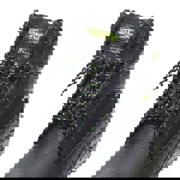 Apache Dakota Mens Lace Up Safety Work Non-Metallic S3 Ankle Boots, close-up view showing black leather and textile upper, green accents, and durable lace system for industrial safety wear.