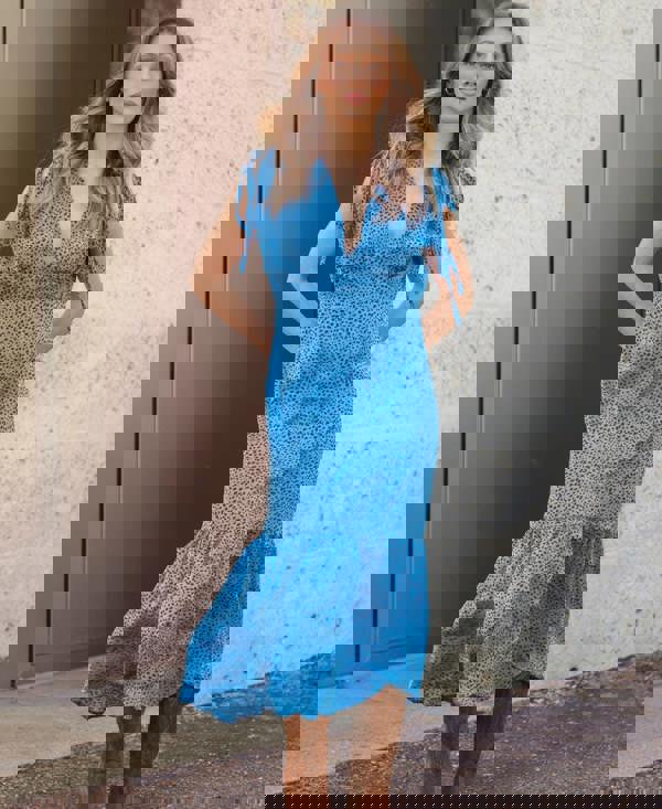 Blue Leopard Ruched Midi Dress