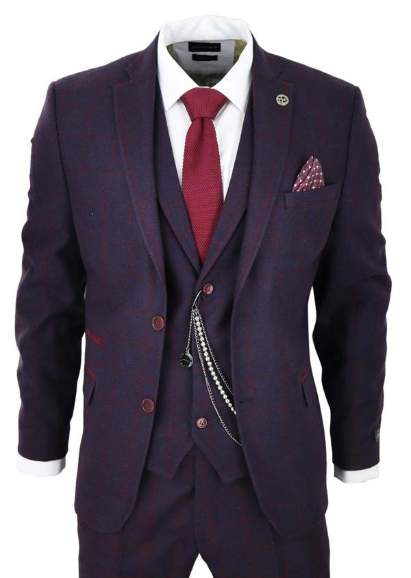TruClothing Mens 3 Piece Tweed Suit Plum Purple Check Peaky Blinders Classic 1920 Gatsby