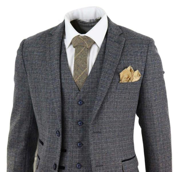 Paul Andrew Mens 3 Piece Navy Blue Tweed Check Vintage Retro Suit