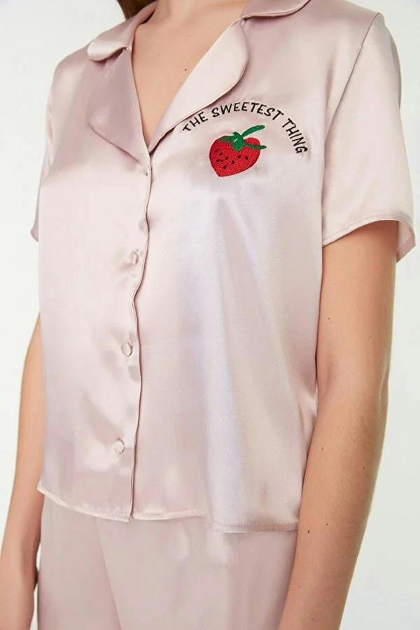 WOVCOR 2-Piece Woven Satin Pajama Set with Strawberry and Slogan Embroidery