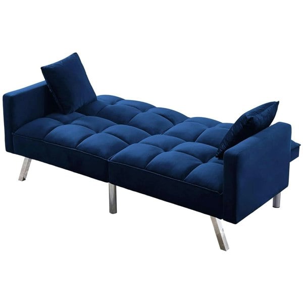 Kosy Koala Sofa Bed 2 Seater Blue Velvet Click Clack Sofa Settee Recliner Couch with Metal Legs 2 Pillows