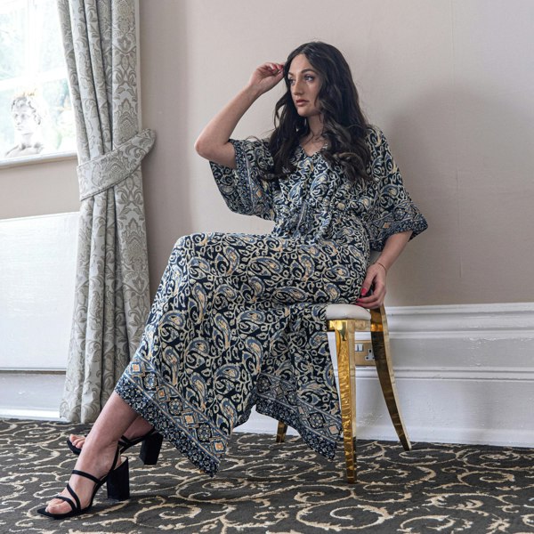 Antonia York Blue Paisley Dress Drawstring-Waist Siobhan Kaftan With Butterfly Sleeves